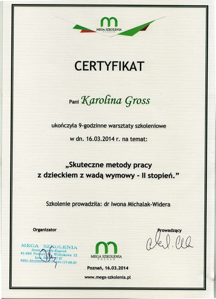 Certyfikat szkolenia nr 1