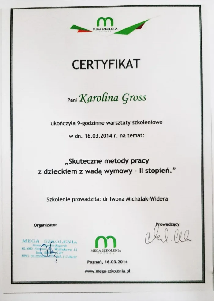 Certyfikat szkolenia nr 9